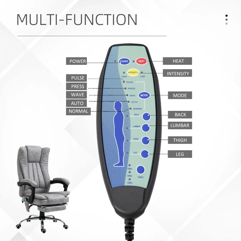 Vinsetto Office Chair with Massage and Heat, Microfibre Reclining Computer Desk Chair with Footrest and Adjustable Height, Swivel Wheels for Home Office, Grey