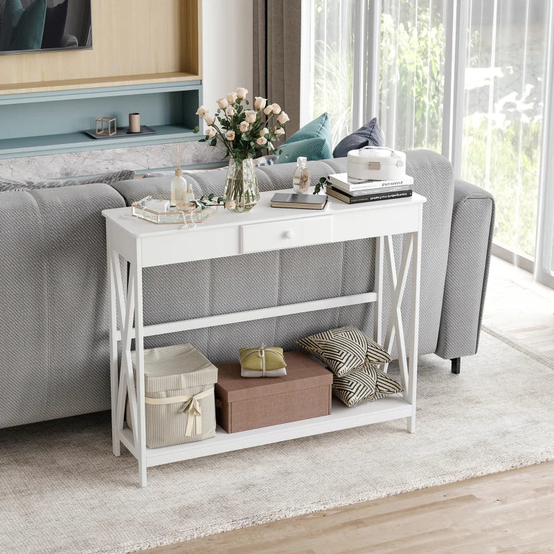HOMCOM Wooden Console Table with 1 Drawer and 1 Storage Shelf for Living Room Entryway, 100cm x 30cm x 81cm, White