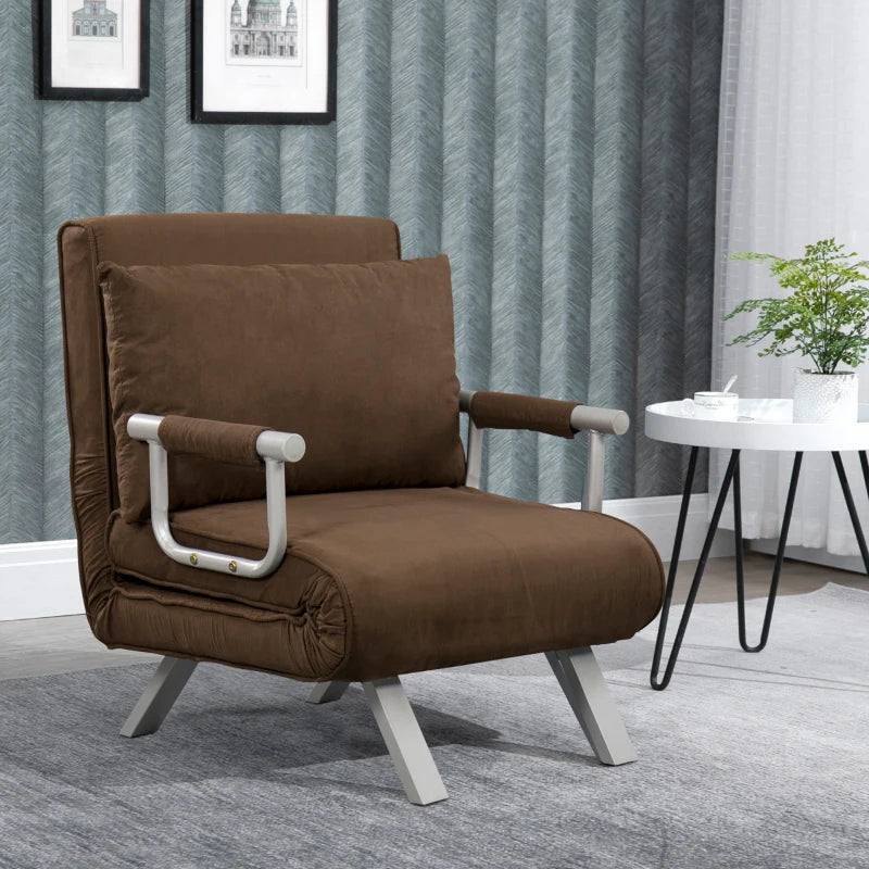 HOMCOM Convertible 1-Seater Armchair Sofa Bed with Removable Quilted Upholstery Grand Comfort Cushion Metal Armrests Suede Brown