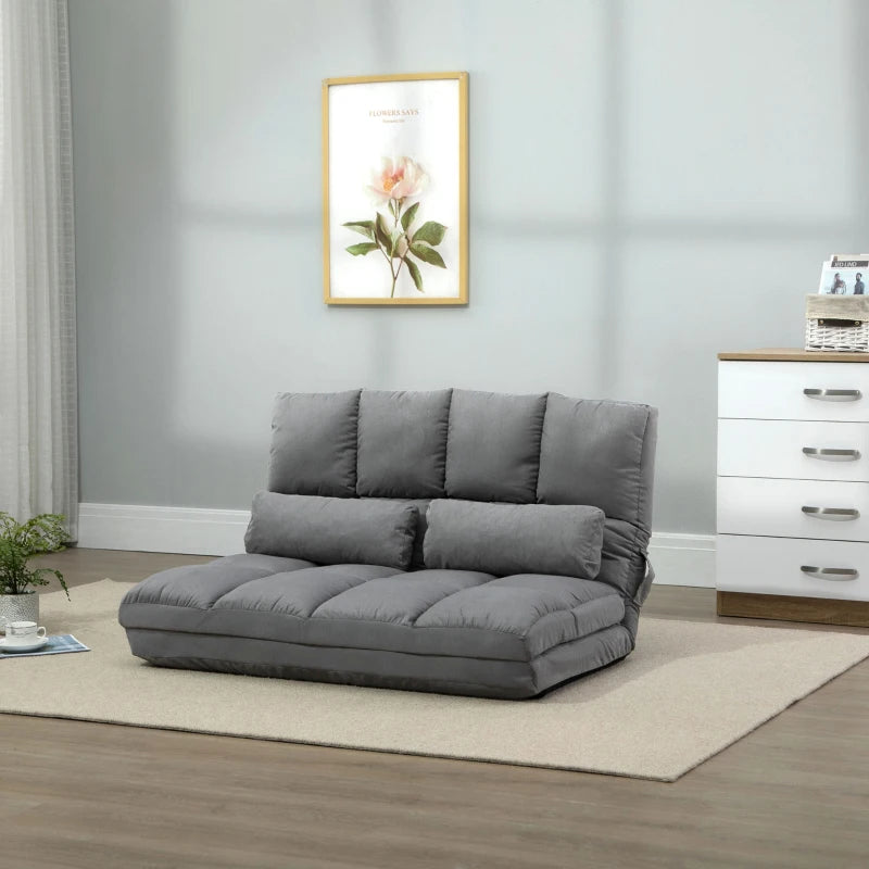 HOMCOM 2-In-1 Floor Sofa Lazy Bed, Folding Couch with 7 Position Adjustable Backrest, Thick Padding, Metal Frame and 2 Pillows, Light Grey