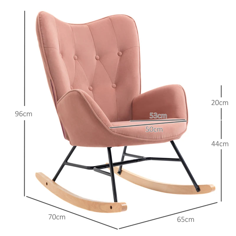 HOMCOM Rocking Chair with Steel Frame Upholstered Relax Chair Armchair Lounge with Padded Seat Velvety Polyester Rubberwood Metal Pink + Natural 65 x 70 x 96 cm