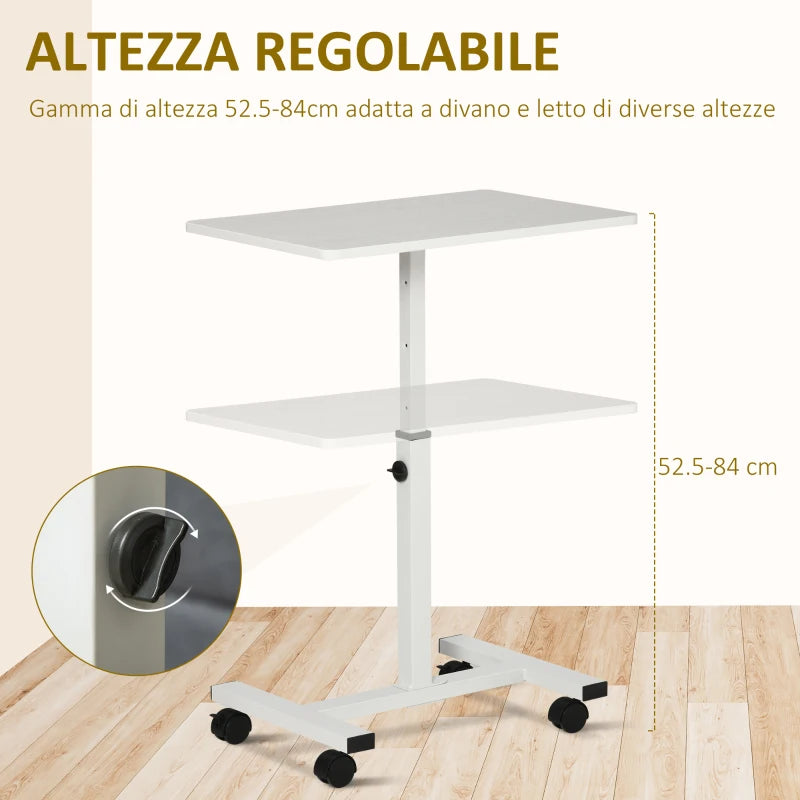 HOMCOM Mobile Overbed Table, Rolling Laptop Stand with Wheels, Height Adjustable Sofa Side Table for Home Office, White
