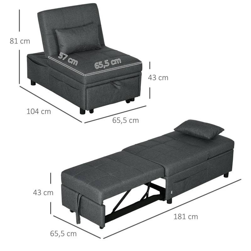 HOMCOM Reclining Chair Sleeper Chair 3-in-1 Chair, Linen Look, including Pillow, 65.5 cm x 104 cm x 81 cm, Dark Gray