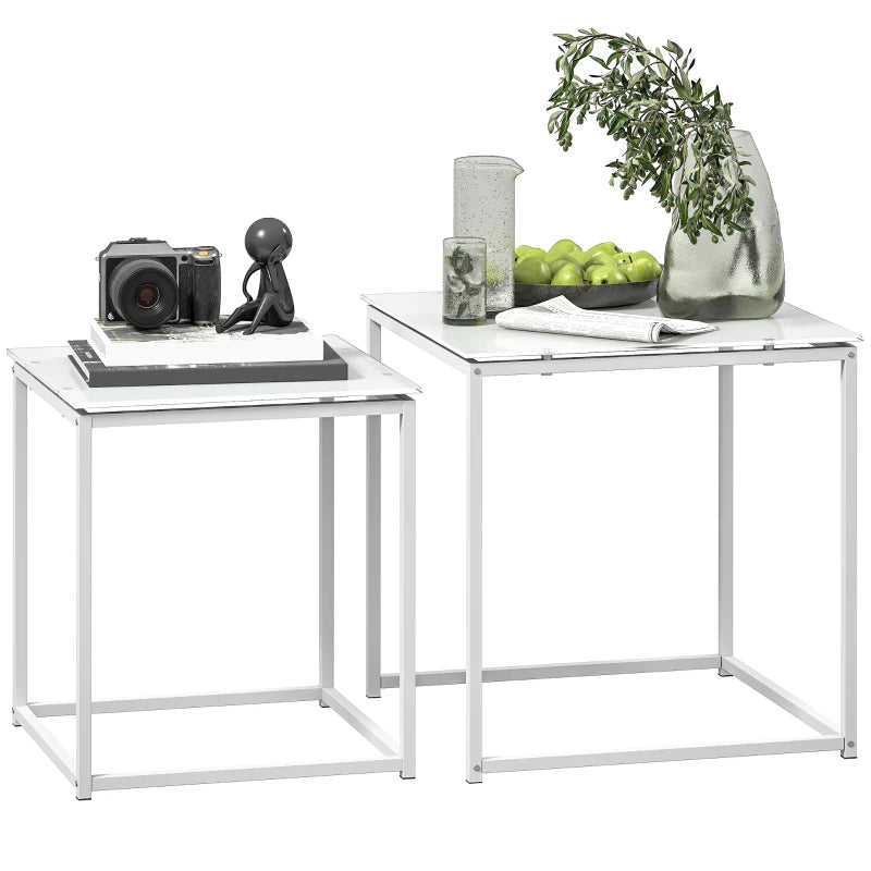 HOMCOM Nest of Tables, Set of 2 Coffee Table, Side Tables with Tempered Glass Desktop and Metal Frame for Living Room, Bedroom, Office, White
