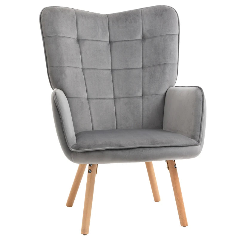 HOMCOM Modern Accent Chair Velvet Tufted Wingback Armchair Upholstered Leisure Club Chair with Wood Legs, Grey