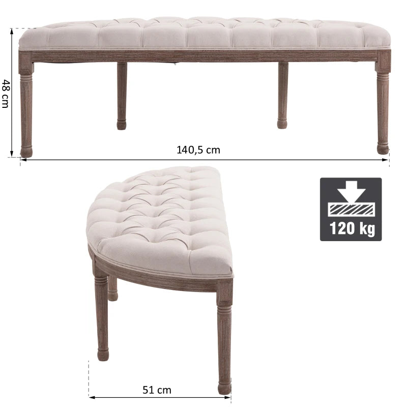 HOMCOM Half-Circle End of Bed Bench, Tufting Ottoman Footstool with Padded Seat and Brushed Wood Base, Antique Window Seat, Cream White