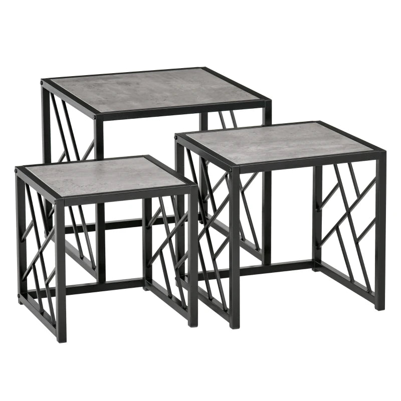 HOMCOM Set of 3 Nest of Tables Square Side Tables with Metal Frame, Grey