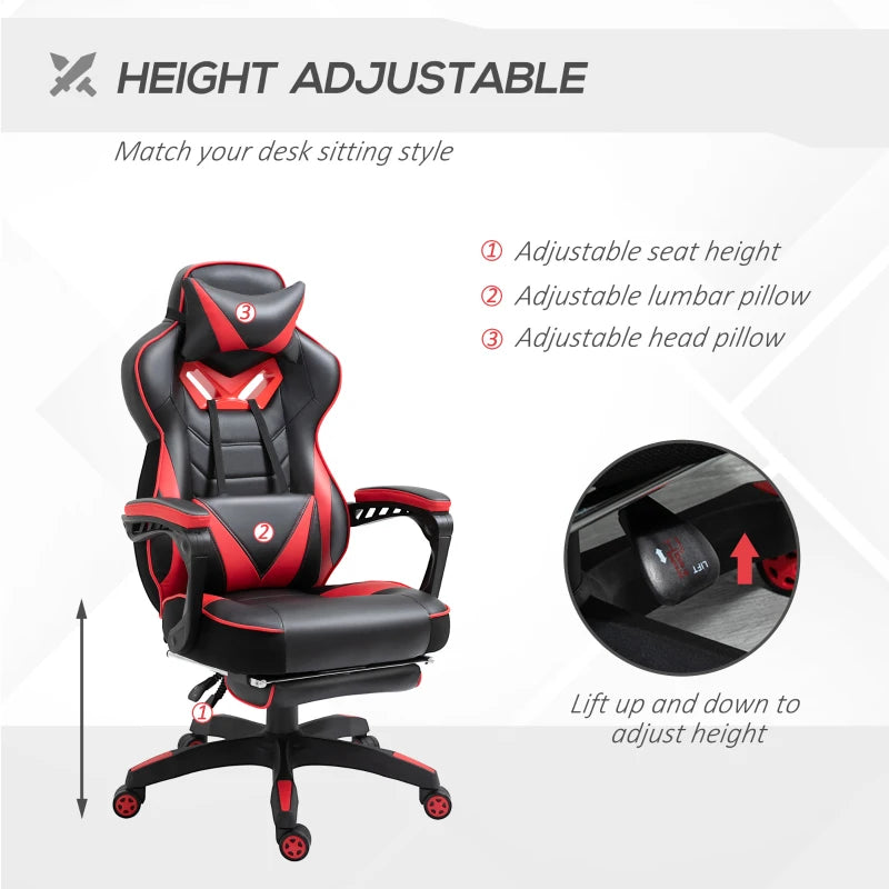 Vinsetto Swivel Gaming Chair with Footrest, PU Leather Computer Office Chair with Lumbar Support and Headrest, Black and Red