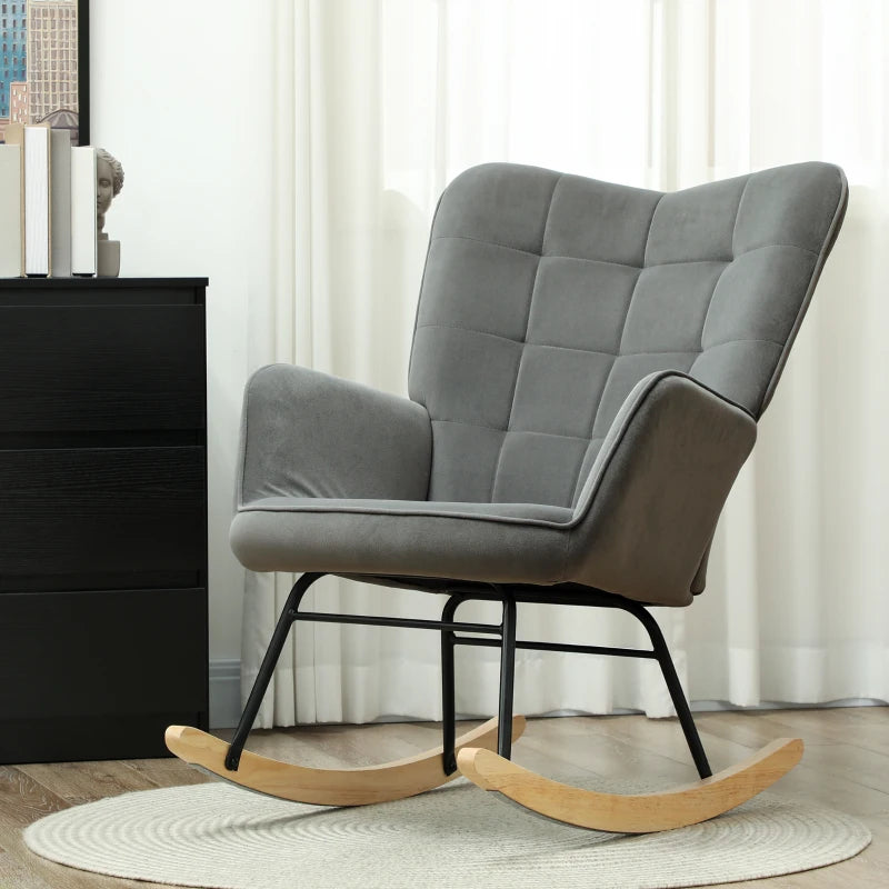 HOMCOM Vintage Rocking Chair, Curved Rockers, Thick Padding, Beechwood & Steel, Dark Gray