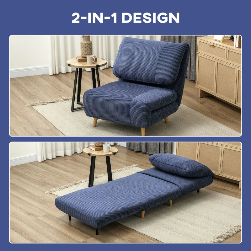 HOMCOM 2-in-1 Sleeper Chair Guest Bed, Adjustable Headrest Corduroy Fabric Blue 82 cm x 89 cm x 83 cm