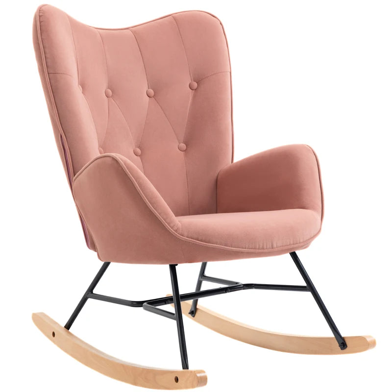 HOMCOM Rocking Chair with Steel Frame Upholstered Relax Chair Armchair Lounge with Padded Seat Velvety Polyester Rubberwood Metal Pink + Natural 65 x 70 x 96 cm
