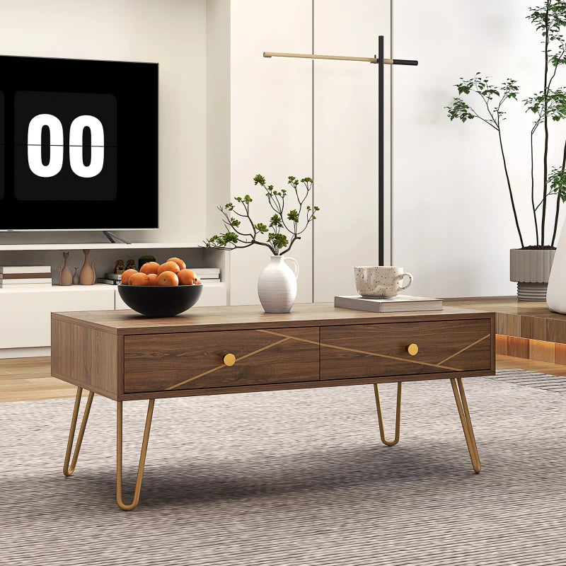 HOMCOM Coffee Table with Storage, Living Room Table with Drawers, Rectangular Tea Table with Steel Base for Home, 100 x 50 x 41 cm, Brown