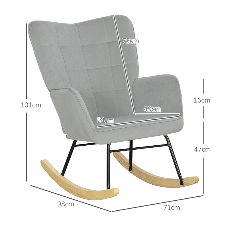 HOMCOM Rocking Chair, Thick Padding, Wide Backrest, Beech Wood/Steel Frame, Supports up to 120 kg, Light Gray