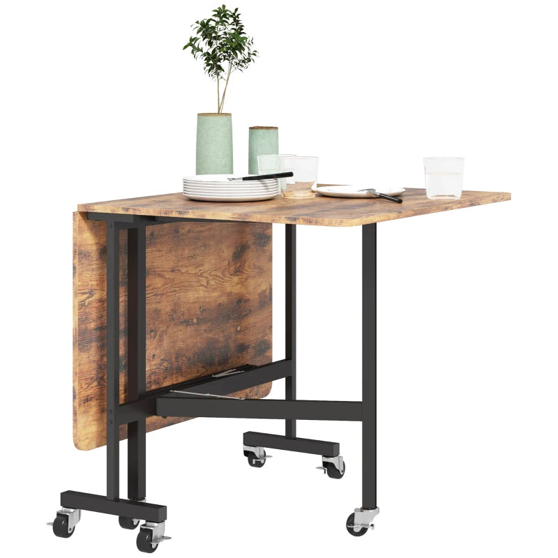 HOMCOM Six-Seater Drop-Leaf Dining Table, with Wheels - Brown Wood-Effect