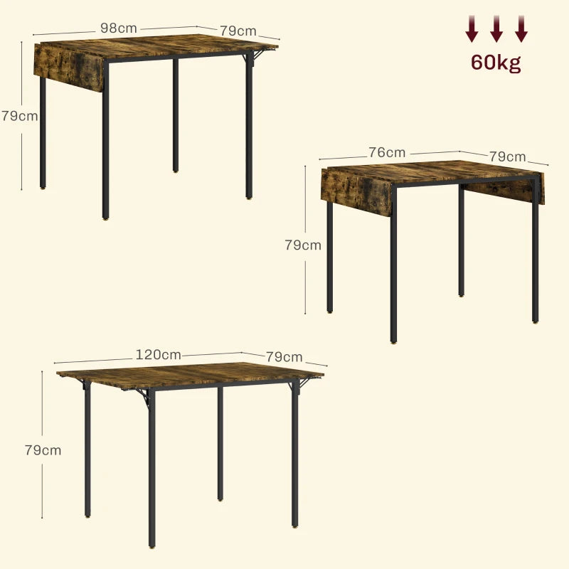 HOMCOM Industrial Style Folding Dining Table with 2 Drop Leaves, Extensible, Dropleaf Table for 2-4 People