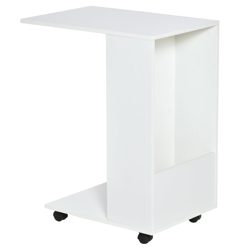 HOMCOM C-Shape Sofa Side Table with Wheels and Storage, Mobile End Table for Laptop, Coffee, Snack, White