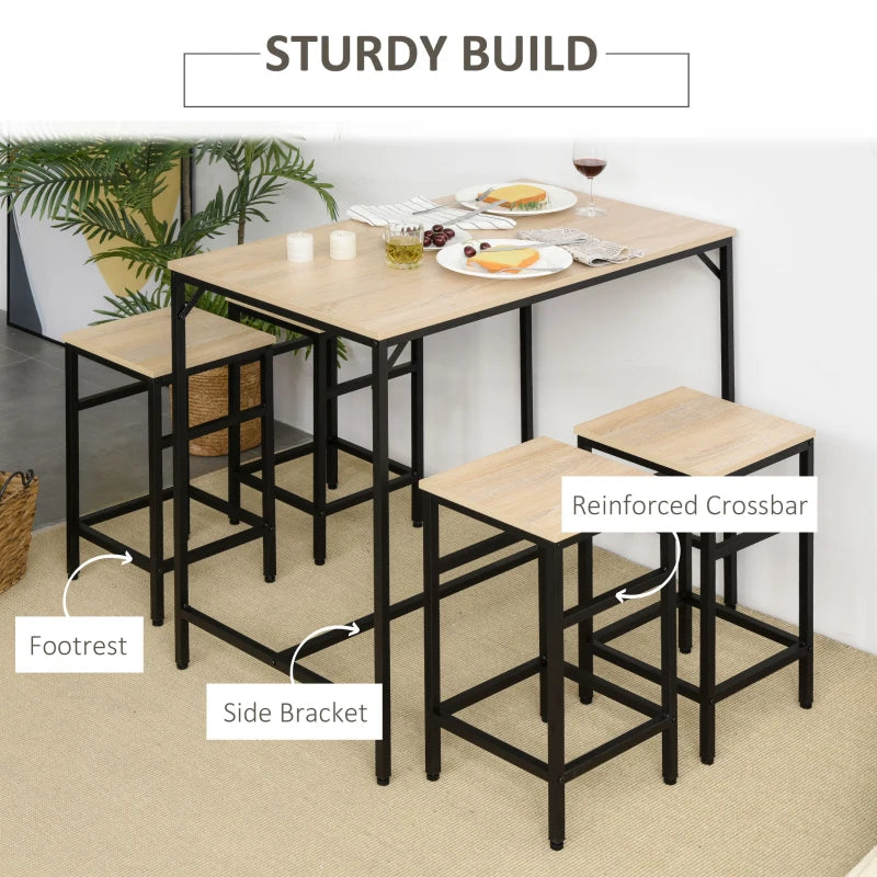 HOMCOM 5-Piece Modern Industrial Dining Table Furniture Set with 4 Stools & Steel Legs for Dining Room, Kitchen, Dinette, Oak