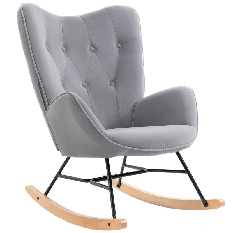 HOMCOM Rocking Chair with Ear Wings Grand Comfort Armrests Seat Backrest High Density Foam Velvet-Like Gray