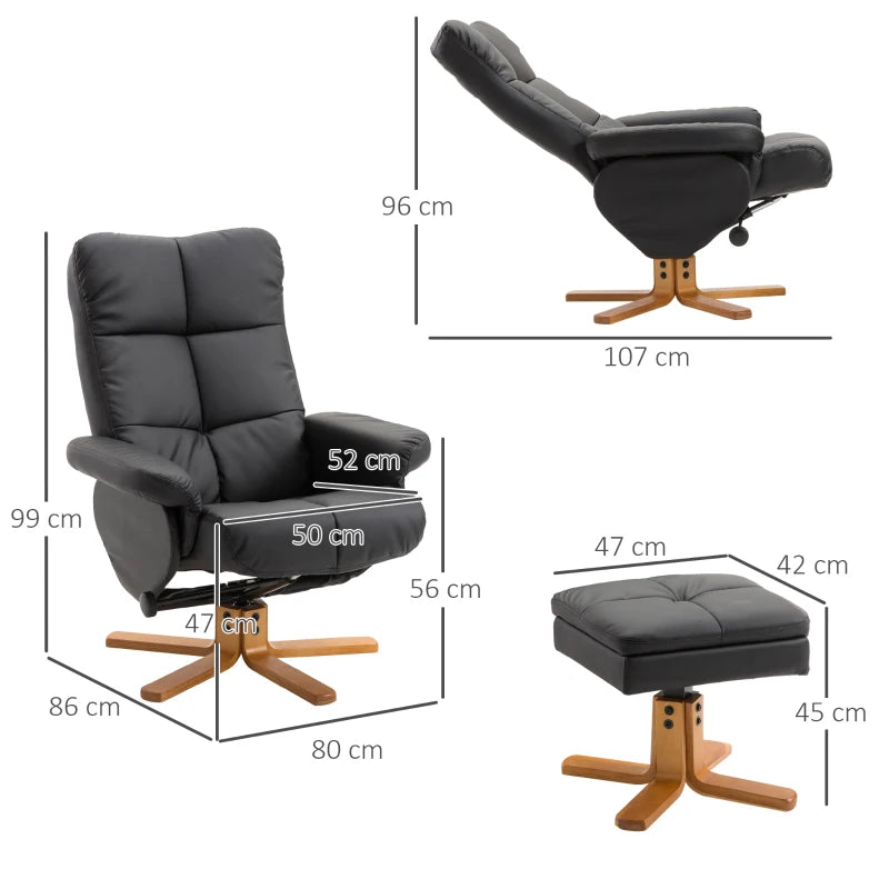 HOMCOM Relax Armchair with Footstool, Storage Space, Padded TV Armchair with Reclining Function, 360° Swivel TV Armchair for Bedroom, Living Room, Artificial Leather, Black