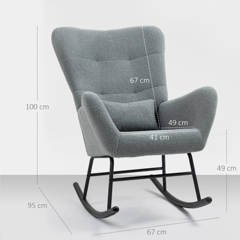 HOMCOM Rocking Chair, Fluffy Cover, Lumbar Pillow, Non-slip, Up to 120 kg, Gray
