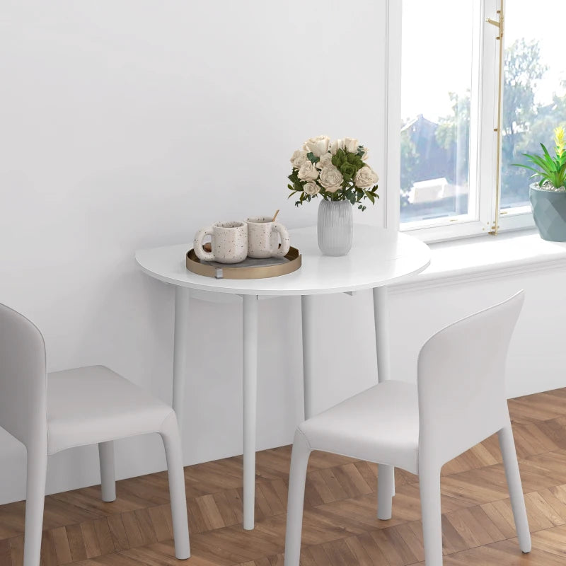 HOMCOM Folding Dining Table for 4, Round Drop Leaf Table, Modern Space Saving Small Kitchen Table with Wood Legs for Dining Room, White