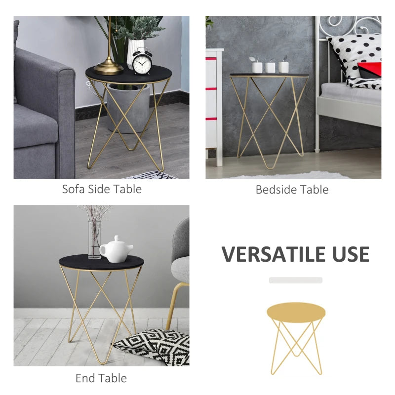 HOMCOM Round End Table, Sofa Side Table with Wood Grain Top and Metal Crossed Legs, Accent Coffee Table for Living Room, Bedroom, Black, Gold Tone
