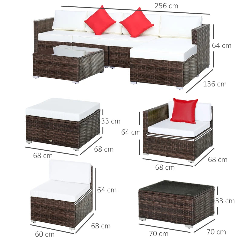 Outsunny 6 Pieces Outdoor Rattan Corner Sofa Set - Patio Aluminium Frame with All-Weather Wicker Conversation Furniture, Coffee Table & Cushions, Cream White