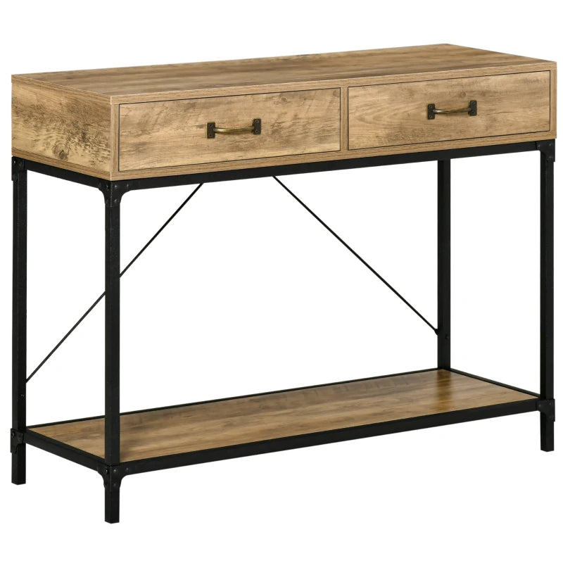 HOMCOM Console Table Entryway Table Side Table 2 Drawers Lower Shelf Vintage Metal Particleboard Brown+Black 100 x 35 x 76.5 cm
