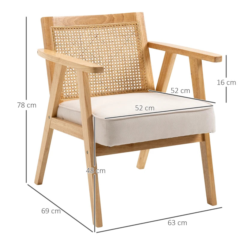 HOMCOM Comfortable Lounge Chair Rattan Chair with Thick Cushion - Rattan Backrest - Deep Seat - Hevea Wood Frame Linen-Look Beige