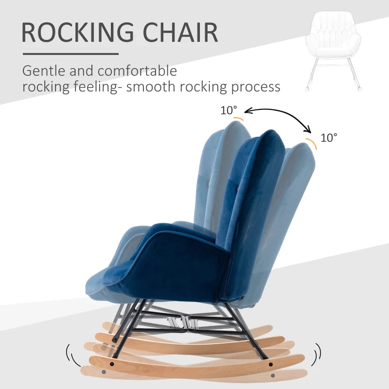 HOMCOM Rocking Chair with Ear Wings Rocking Chair High Comfort Armrests Deep Seat Foam padding Velvet-Look Blue