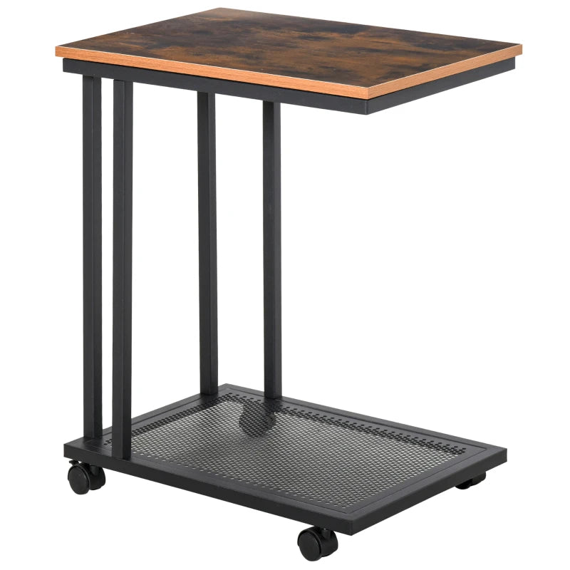 HOMCOM Side Table that Slides under Couch, Mobile Sofa Side End Coffee Table Metal Frame Rolling Castors Storage Wooden Trolly
