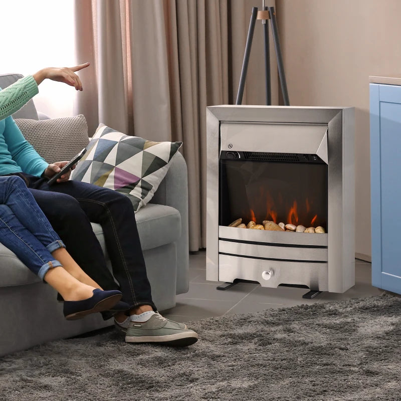 HOMCOM Installing Electric Fireplace, 2000W, Pebble Burning Effect Heater Fire Flame Indoor LED Lighting - Stainless Steel