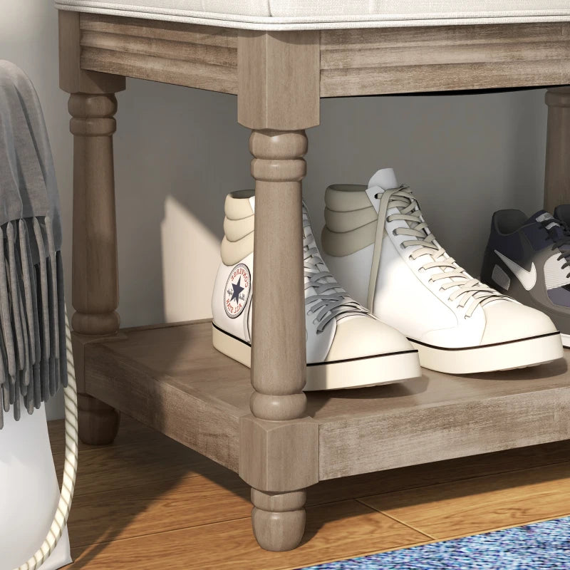 HOMCOM Tufted 2-Tier Shelf Shoe Bench 115 cm End of Bed Linen Upholstered Carved Wood Legs Linen Beige