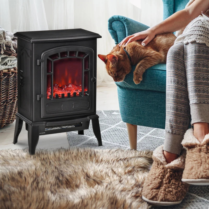 HOMCOM Free standing Electric Fireplace Stove, Fireplace Heater with Realistic Flame Effect, Overheat Safety Protection, 1000W/2000W, Black