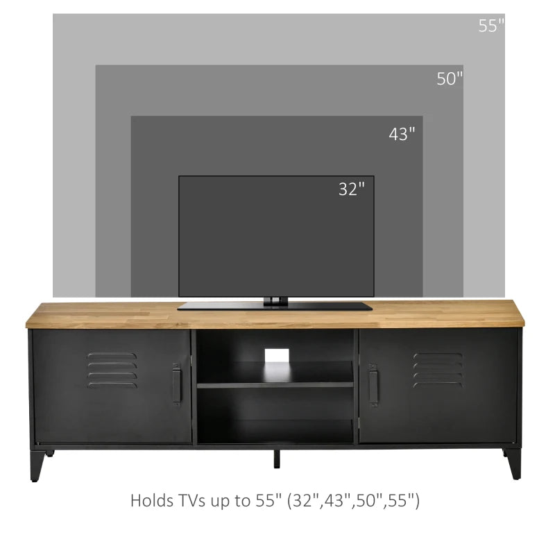 HOMCOM TV Stand TV Stand for 55'' TVs with 2 Cupboards Adjustable Feet Black Metal Frame Natural Wood Top 150 x 40 x 50 cm