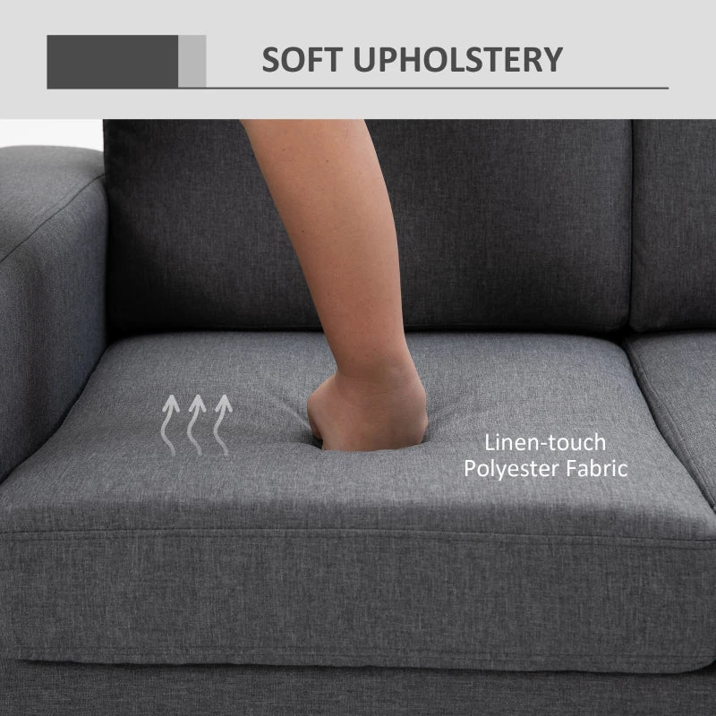 HOMCOM 3 Seater Sofa - Linen Upholstered, Cozy Padded Couch with Steel Legs, Backrest, and Wide Armrests for Living Room, Bedroom, Dark Grey