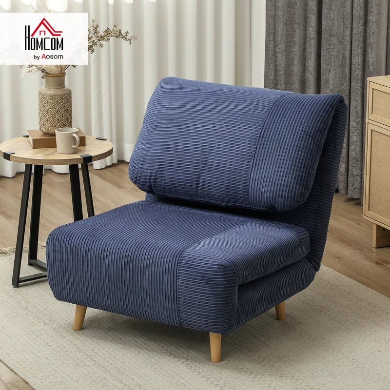 HOMCOM 2-in-1 Sleeper Chair Guest Bed, Adjustable Headrest Corduroy Fabric Blue 82 cm x 89 cm x 83 cm