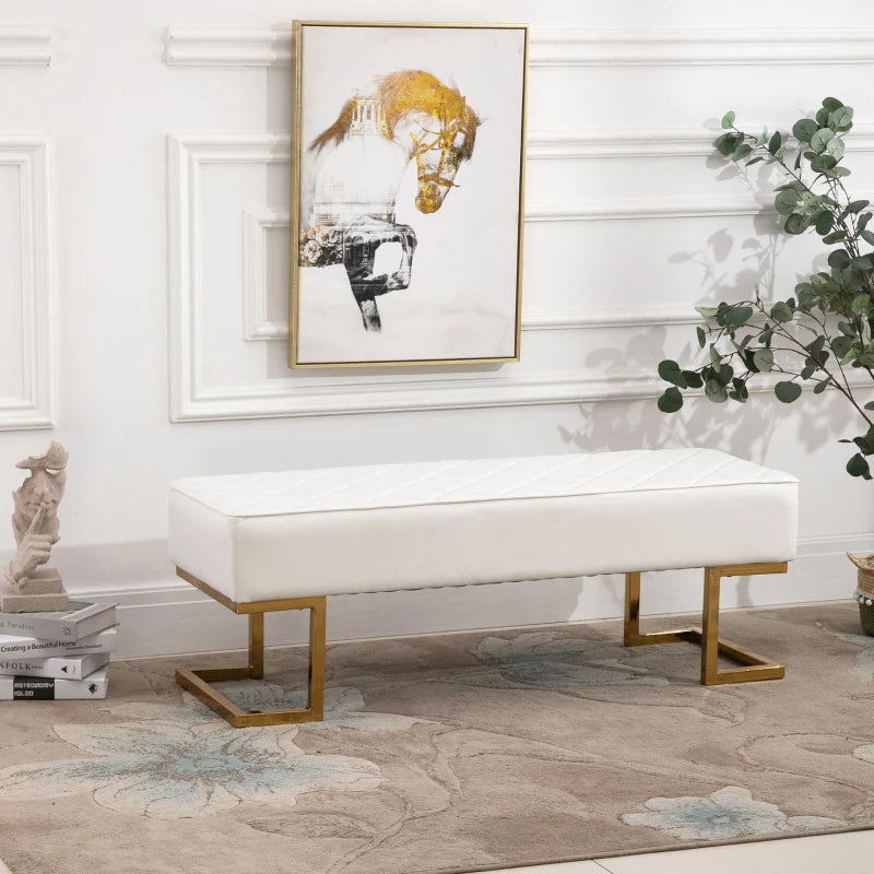 HOMCOM 120cm Long Ottoman Bench PU Leather Bed End Lounge Sofa with Gold Electroplated Legs for Bedroom Living Room Entryway White