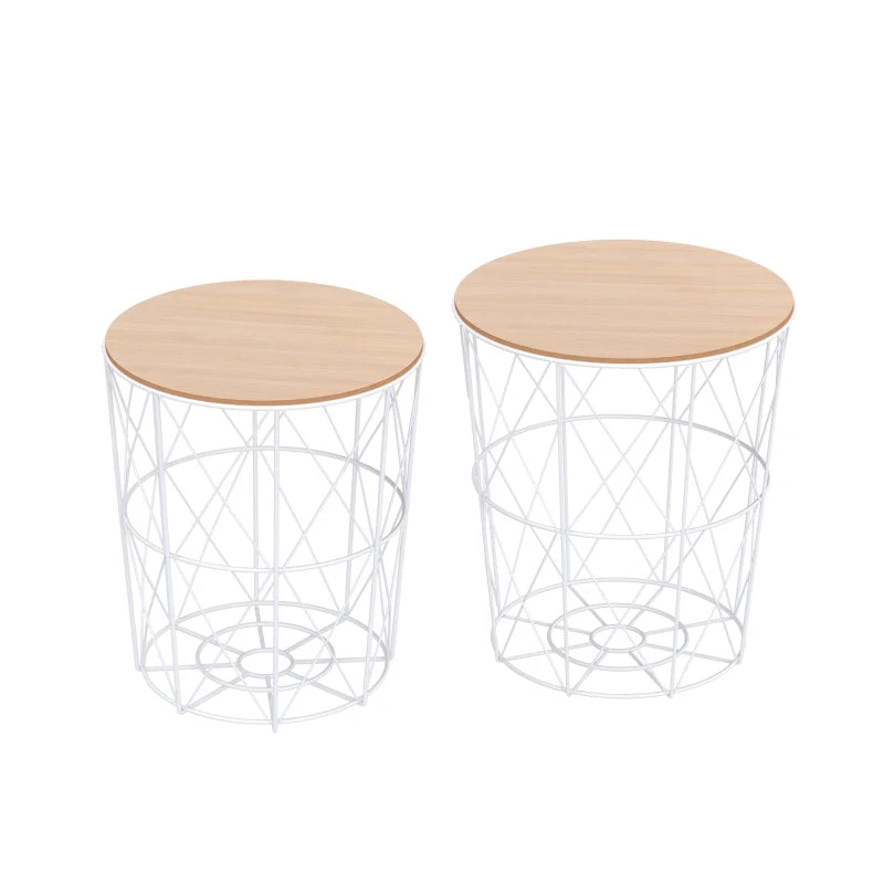 HOMCOM Set of 2 Metal Wire Side Coffee Table Sofa End Round Lift Top Storage Basket