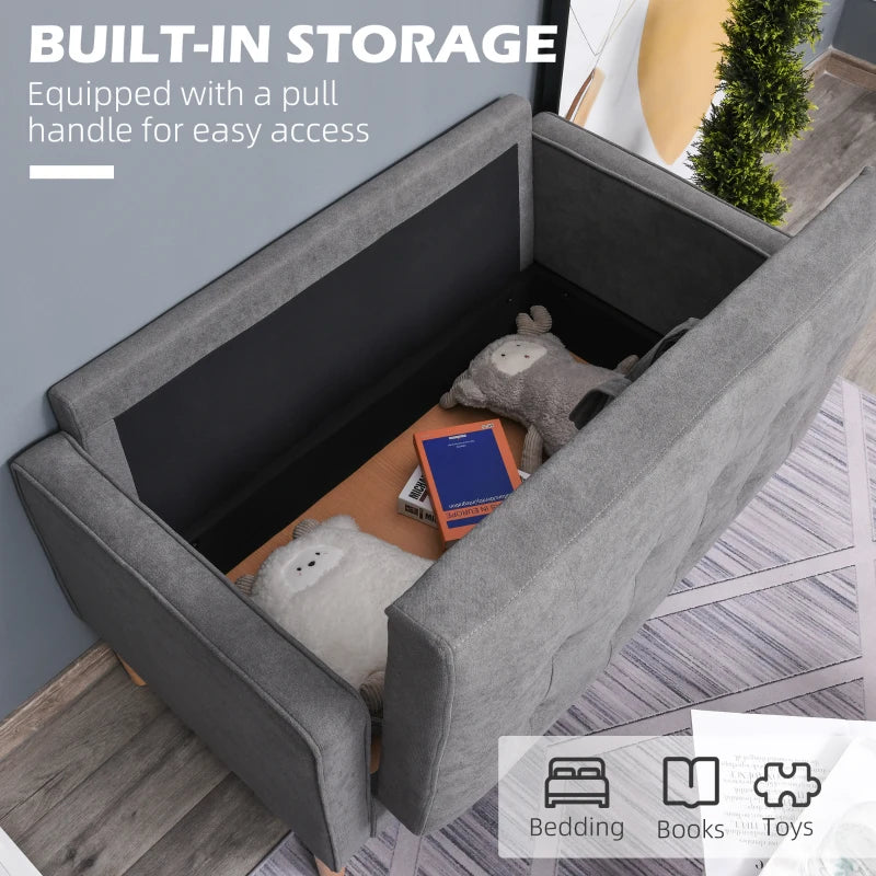 HOMCOM Modern 2-Seater Loveseat Button-Tufted Fabric Couch with Storage Chest, Rubberwood Legs, Grey
