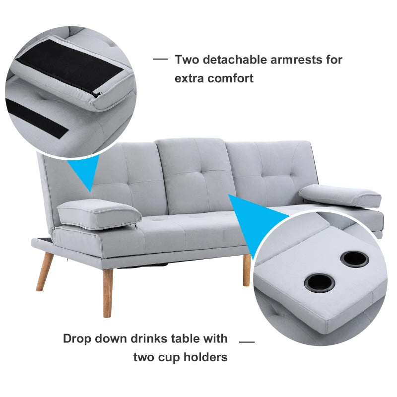 HOMCOM 3 Seater Sofa Bed Convertible Recliner Adjustable Back Thick Cushions w/ Armrest Middle Table Scandi Style Grey