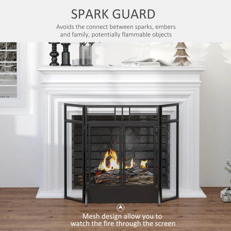 HOMCOM 3-Panel Folding Fireplace Screen with Door, Freestanding Spark Guard, Metal Mesh Fireguard, Black