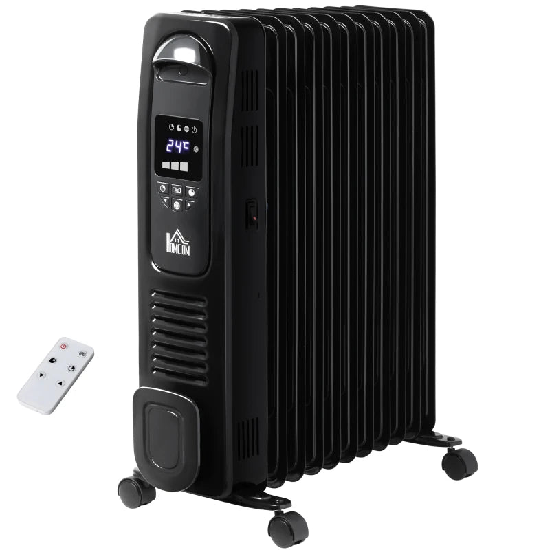 HOMCOM 2500W Digital Display Oil Filled Radiator, 11 Fin Portable Electric Heater with Timer, Adjustable Thermostat, Three Heat settings, Safety Cut Off, Remote, Black