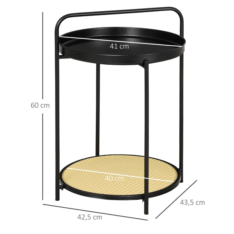 HOMCOM Round End Table, 2-Tier Side Table with Removable Tray, Rattan Top and Metal Frame, Bedside Table for Living Room, Bedroom, Black