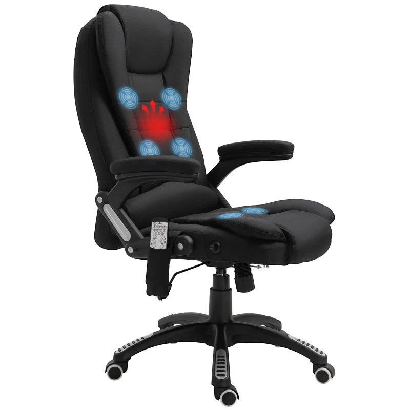 Vinsetto Massage Recliner Chair Heated Office Chair with Six Massage Points Linen-Feel Fabric 360° Swivel Wheels Black