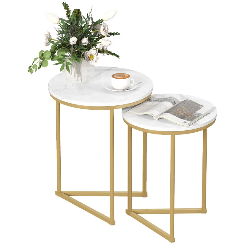 HOMCOM Set of Two Marble-Effect Nest of Tables - White/Gold-Tone
