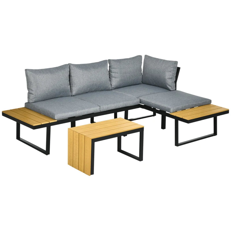 Outsunny 3 Pieces Patio Furniture Set - Outdoor Garden Sofa Conversation Set with Padded Cushions, Wood Grain Plastic Top Table and Side Panel, Dark Grey