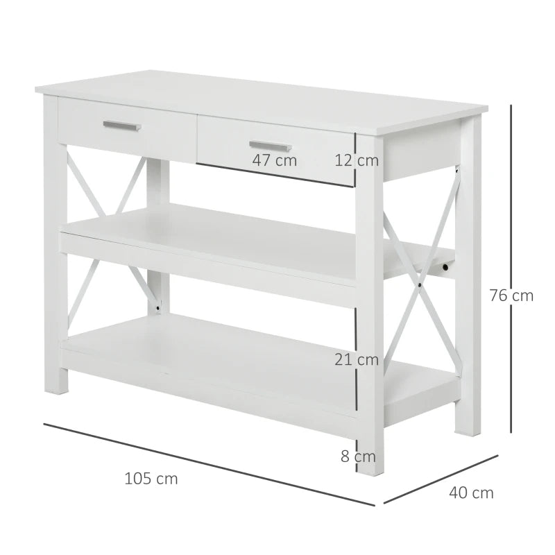 HOMCOM Entryway Console Sofa Table with 2 Drawers and Storage Shelves,Steel X-Frame, White