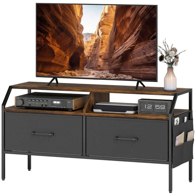 HOMCOM TV Stand Cabinet, TV Unit for 55-inch TVs with 2 Foldable Fabric Drawers, 5 Divided Side Pockets, Open Shelves, Console Table for Living Room, Bedroom, Entertainment Room, Rustic Brown