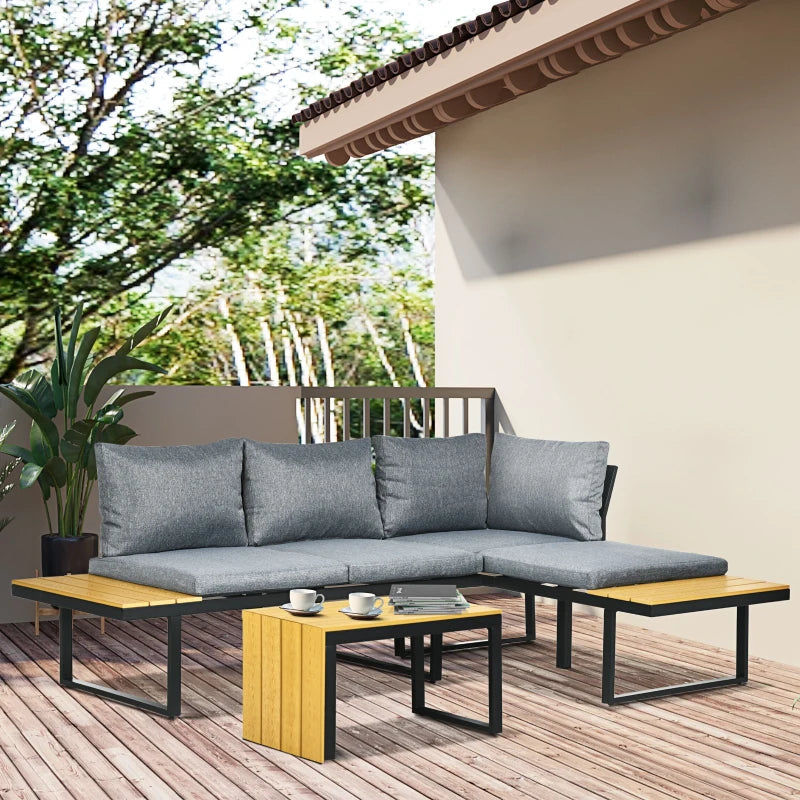 Outsunny 3 Pieces Patio Furniture Set - Outdoor Garden Sofa Conversation Set with Padded Cushions, Wood Grain Plastic Top Table and Side Panel, Dark Grey